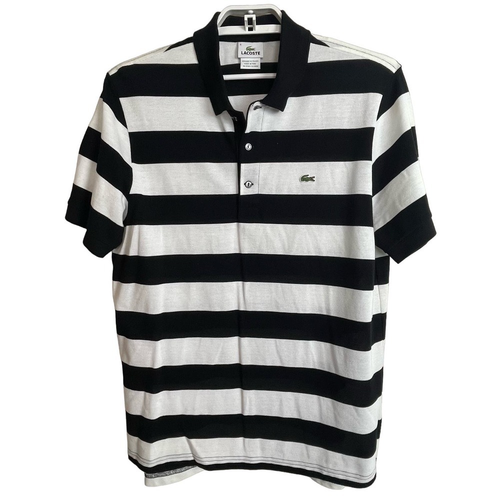 Lacoste Polo Shirt Black White Striped Men's Size L Euro 6  Alligator